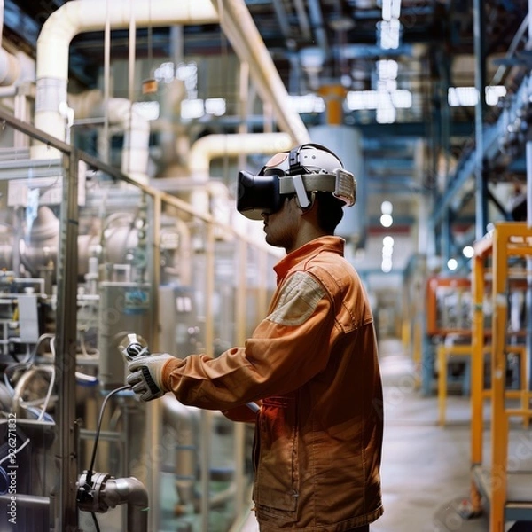 Fototapeta A factory worker wearing a VR headset interacts with machinery in an advanced industrial environment, emphasizing technological integration in the workspace.