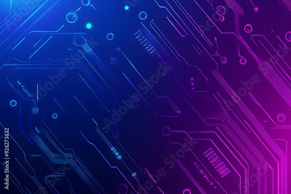 Fototapeta Futuristic vector illustration of an abstract circuit board with neon blue and purple gradients, showcasing intricate digital patterns and tech elements