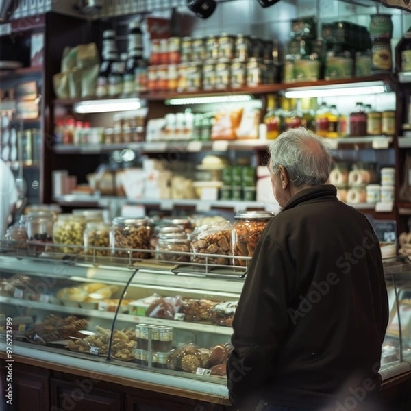 Fototapeta An elderly man examines deli items in a cozy, warm-lit shop, representing nostalgia and the simple pleasures of food.