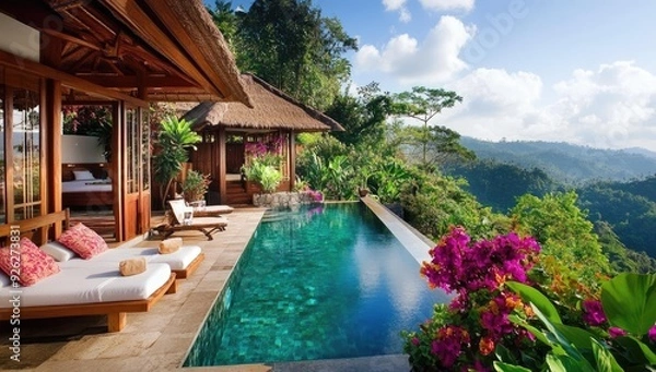 Obraz Luxury villa with infinity pool overlooking mountains.