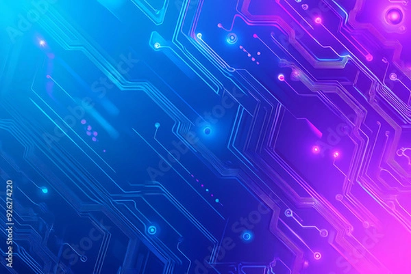Fototapeta Futuristic vector illustration of an abstract circuit board with neon blue and purple gradients, showcasing intricate digital patterns and tech elements