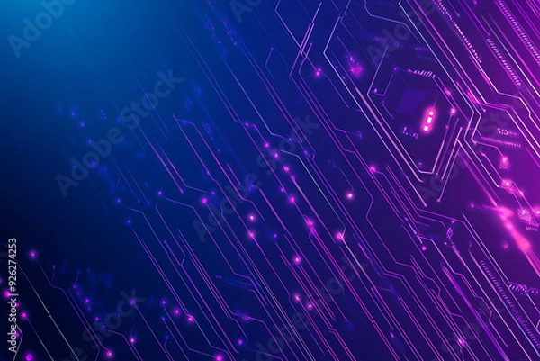 Fototapeta Futuristic vector illustration of an abstract circuit board with neon blue and purple gradients, showcasing intricate digital patterns and tech elements