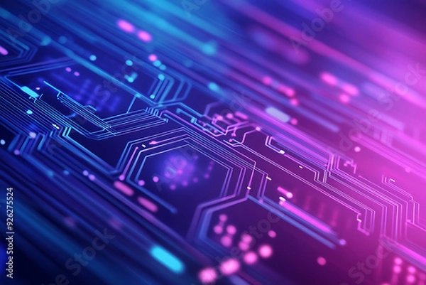 Fototapeta Futuristic vector illustration of an abstract circuit board with neon blue and purple gradients, showcasing intricate digital patterns and tech elements