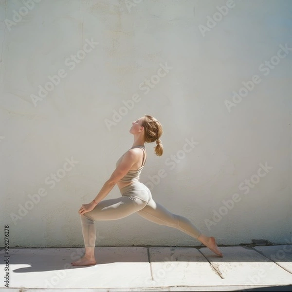Fototapeta A woman performs a yoga stretch, arching her back and gazing upwards, dressed in a cream-colored outfit against a bright, minimalist background.