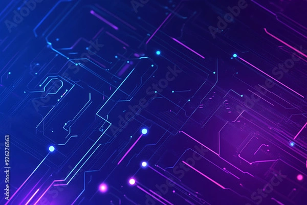 Fototapeta Futuristic vector illustration of an abstract circuit board with neon blue and purple gradients, showcasing intricate digital patterns and tech elements