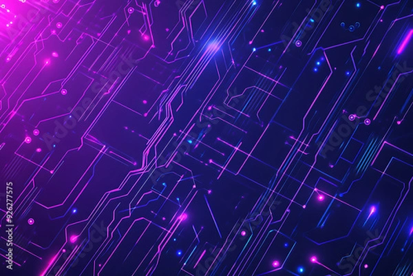 Fototapeta Futuristic vector illustration of an abstract circuit board with neon blue and purple gradients, showcasing intricate digital patterns and tech elements