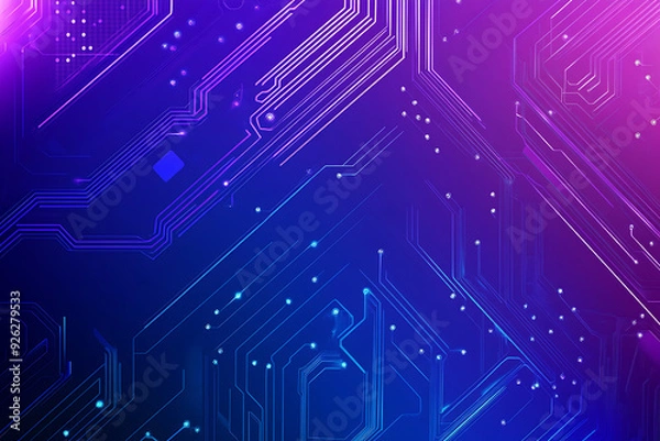 Fototapeta Futuristic vector illustration of an abstract circuit board with neon blue and purple gradients, showcasing intricate digital patterns and tech elements
