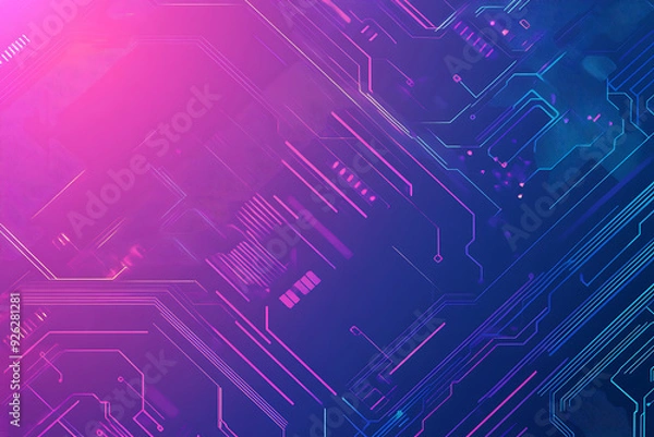 Fototapeta Futuristic vector illustration of an abstract circuit board with neon blue and purple gradients, showcasing intricate digital patterns and tech elements