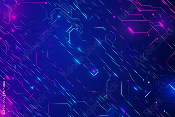 Fototapeta Futuristic vector illustration of an abstract circuit board with neon blue and purple gradients, showcasing intricate digital patterns and tech elements