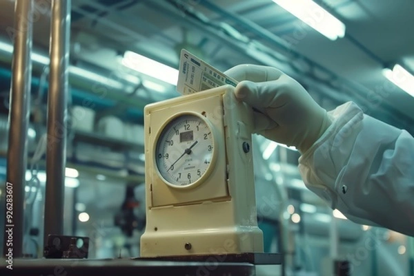 Obraz Worker Punching Time Clock Card in Industrial Factory Setting.