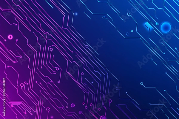 Fototapeta Futuristic vector illustration of an abstract circuit board with neon blue and purple gradients, showcasing intricate digital patterns and tech elements