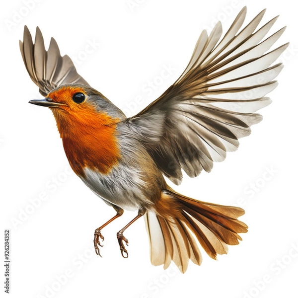 Fototapeta PNG A European robin in mid-flight showing vibrant orange and gray feathers
