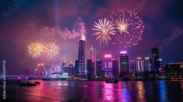 Fototapeta Spectacular Firework Display Lighting Up the Night Sky in China