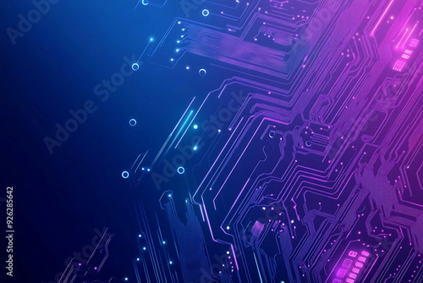 Fototapeta Futuristic vector illustration of an abstract circuit board with neon blue and purple gradients, showcasing intricate digital patterns and tech elements