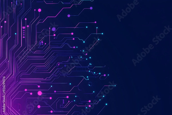 Fototapeta Futuristic vector illustration of an abstract circuit board with neon blue and purple gradients, showcasing intricate digital patterns and tech elements