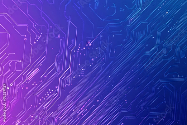 Fototapeta Futuristic vector illustration of an abstract circuit board with neon blue and purple gradients, showcasing intricate digital patterns and tech elements