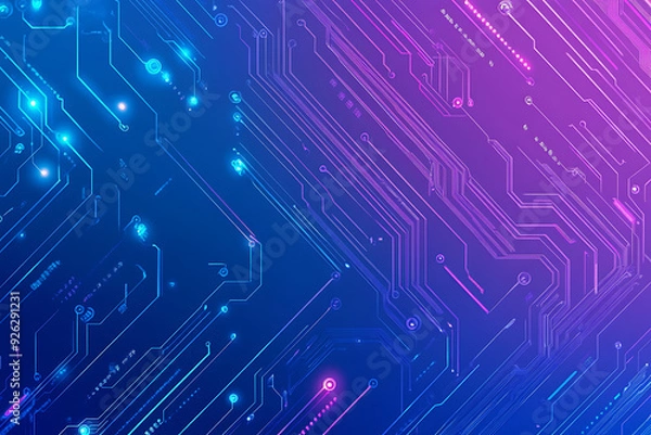 Fototapeta Futuristic vector illustration of an abstract circuit board with neon blue and purple gradients, showcasing intricate digital patterns and tech elements