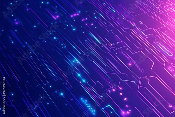 Fototapeta Futuristic vector illustration of an abstract circuit board with neon blue and purple gradients, showcasing intricate digital patterns and tech elements