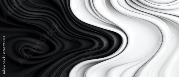 Fototapeta Fluid Harmony, an abstract depiction of intertwining black and white waves, creates a visually striking contrast, evoking themes of duality and balance in art.