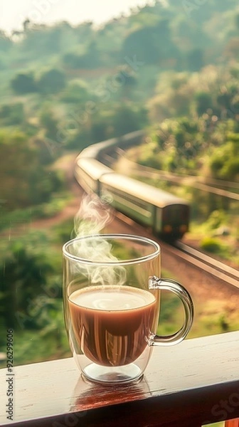 Fototapeta "On a morning balcony, a transparent coffee cup with steaming coffee sits against a backdrop of railway tracks on a green mountainside. A distant train approaches through the bokeh effect.
