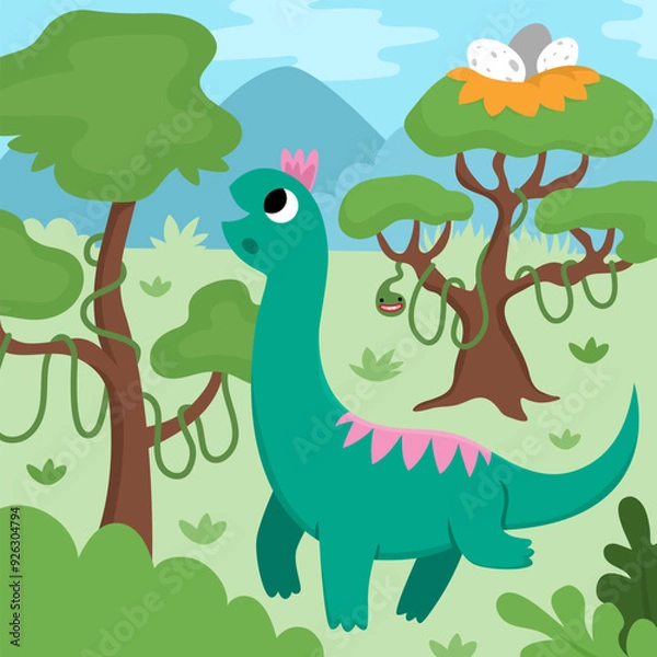 Fototapeta Vector square scene with brachiosaur eating leaves from high tree. Dinosaur landscape illustration. Cute prehistoric scenery with mountains, forest, tree with nest, eggs. Funny dino scene for kids