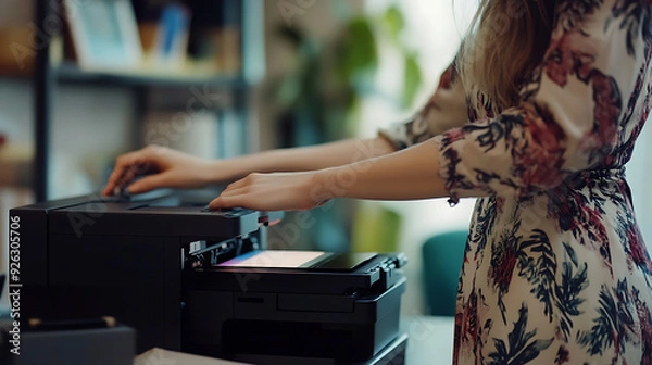 Obraz Woman using modern printer at workplace indoors, closeup. Generative AI illustration 