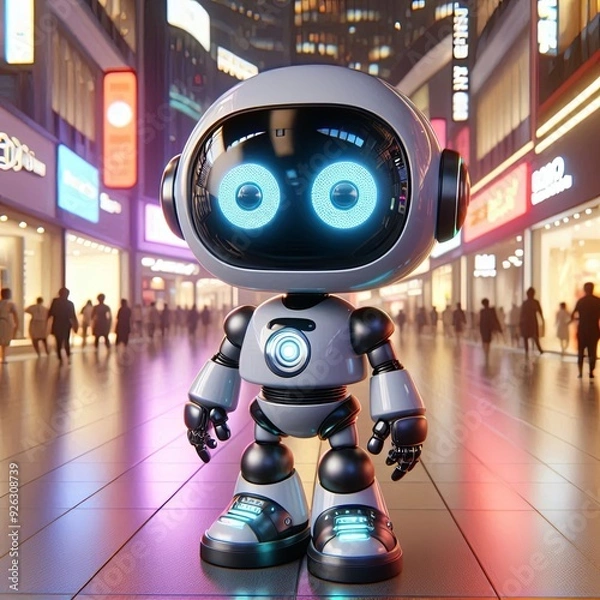 Fototapeta cute cartoon Robot with sleek design and LED lights,3d ,3d avatar Generative aI

