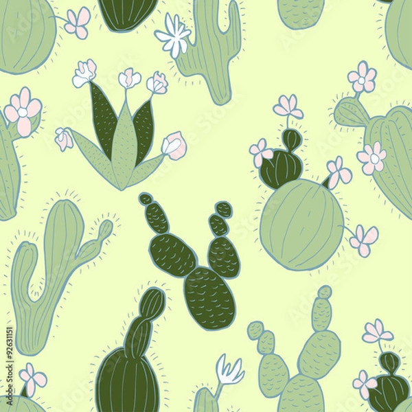 Fototapeta Hand drawn seamless pattern of cute doodles cacti with flowers