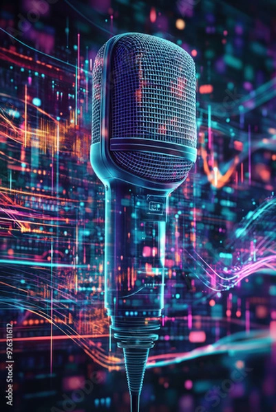 Fototapeta AI voice generator,  A hologram of a microphone icon prominently displayed above a vibrant digital sound wave background, showcasing a mix of blue and purple tones, suggesting a
