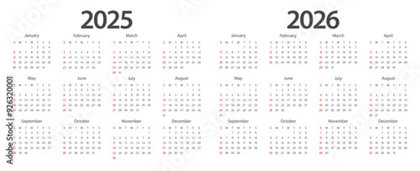 Fototapeta Calendar 2025, calendar 2026 week start Sunday corporate design planner template.