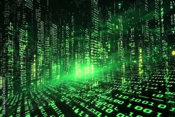 Fototapeta Green Dark Binary Code with Data Streaming Background created with Generative AI