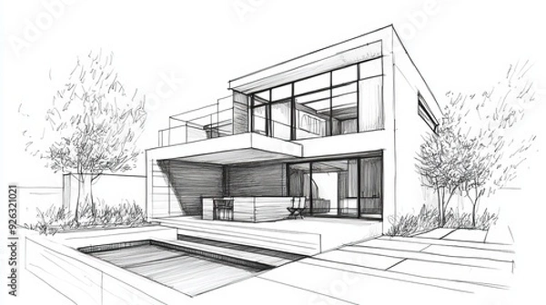 Fototapeta Illustration of a house architectural sketch