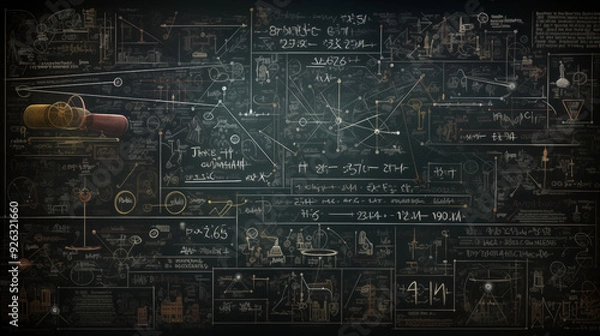 Fototapeta Complex Theoretical Physics Chalkboard Filled With Advanced Mathematical Equations Diagrams And Scientific Notations