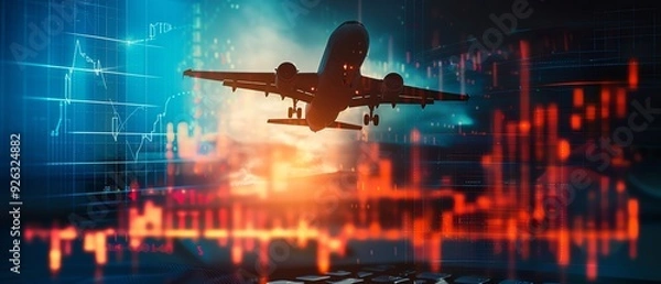 Fototapeta Airplane taking off with a backdrop of financial graphs and charts, symbolizing the intersection of aviation and economic trends.