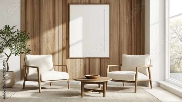 Fototapeta Wooden living room interior with white blank poster on wall, beige armchairs.