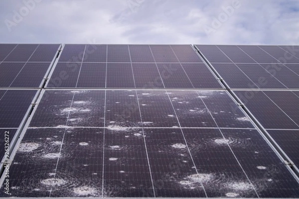 Fototapeta Close-up of solar panel damage caused by hailstorm, showcasing cracked and dented photovoltaic cells under cloudy skies, emphasizing the impact of extreme weather on renewable energy systems.
