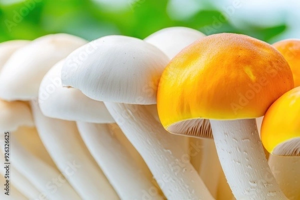 Obraz A colorful display of fresh edible mushrooms, showcasing smooth caps and vibrant colors, perfect for culinary and nature themes.