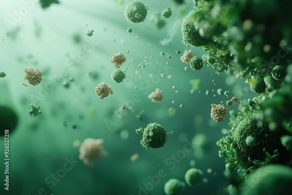 Obraz Explore the Unseen Microbial Universe: An Intricate Look at Floating Microscopic Life Forms Within a Mysterious Green Atmosphere
