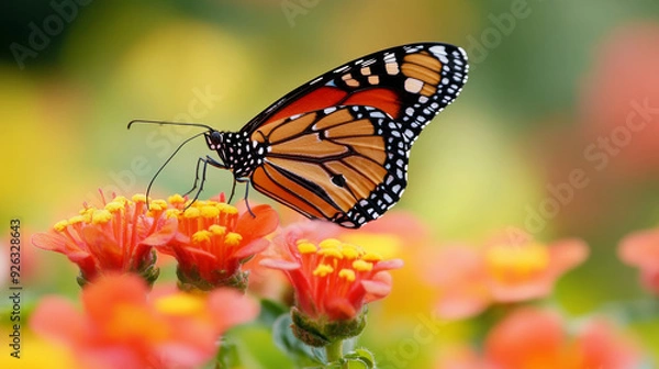 Fototapeta A butterfly named Danaus chrysippus is commonly seen on flowers. It's often called the plain tiger, African queen, or African monarch. --ar 16:9 --v 6.1 Job ID: a9ef17ef-6ea9-4aa8-9829-5a759a5abe11