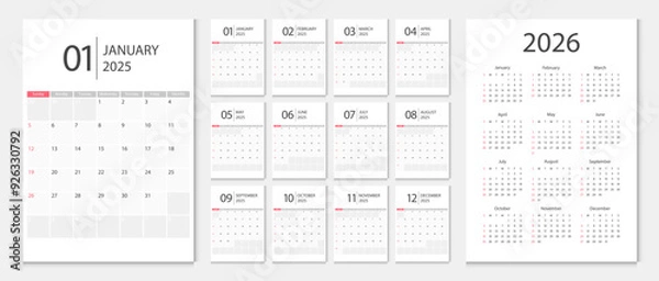 Fototapeta Calendar 2025, calendar 2026 week start Sunday corporate design template vector. Desk calendar 2025