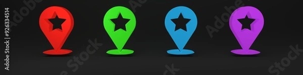 Fototapeta Colorful Map pointer with star icon isolated on black background. Star favorite pin map icon. Map markers. Minimalism concept. 3D render illustration