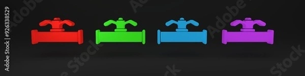 Fototapeta Colorful Industry metallic pipe and valve icon isolated on black background. Minimalism concept. 3D render illustration