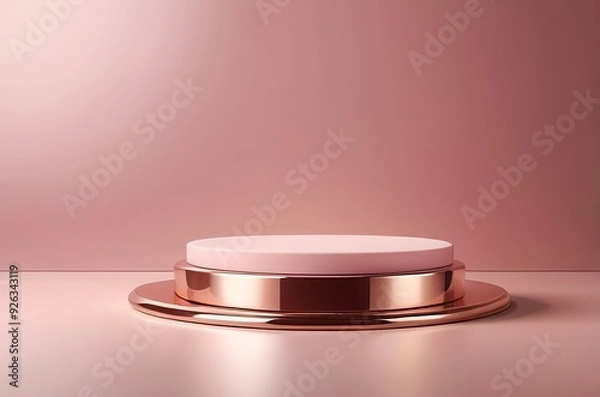 Fototapeta Gleaming rose gold podium with soft glowing edges, set on a warm pink background with subtle light reflections, ideal for premium beauty products. Made with generative AI technology