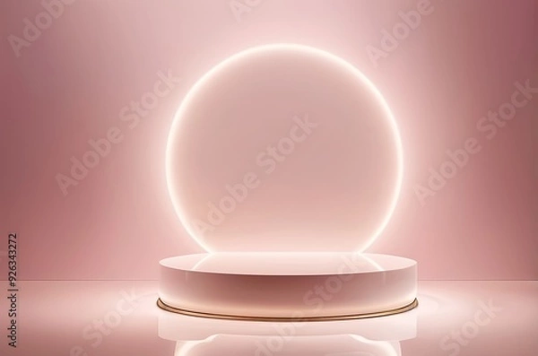 Fototapeta Glossy pearl-colored podium with a soft glow, placed on a light pink background with subtle light reflections for beauty products focused on radiance. Made with generative AI technology