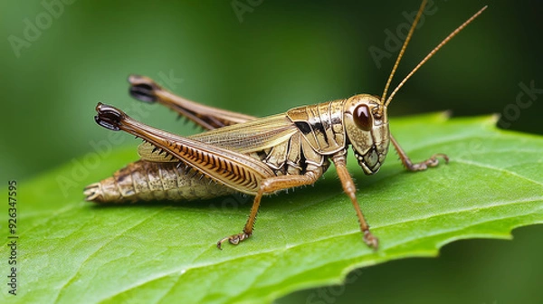 Fototapeta A grasshopper from Japan, the Japanese Rice Field Glasshopper, is seen resting on a green leaf. --ar 16:9 --v 6.1 Job ID: cc25a121-003a-4c60-acc2-6d3405b45f08