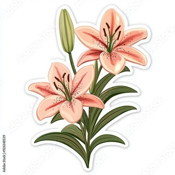 Fototapeta A delicate pink lily flower in full bloom, showcasing vibrant petals and green leaves, perfect for floral designs and nature themes.