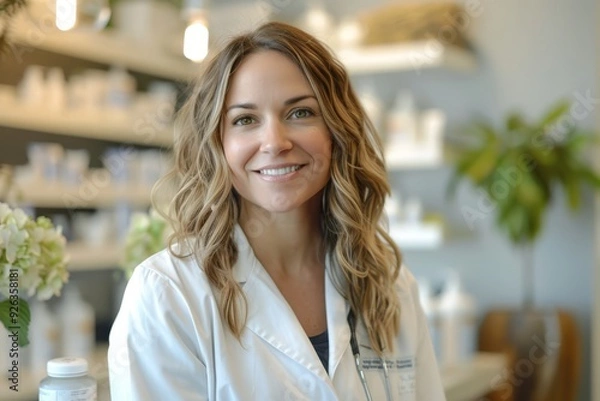 Fototapeta Woman in a white coat smiling. Background: healthcare environment with shelves and plants. For healthcare, medical, or wellness content. Photography, horizontal format.
