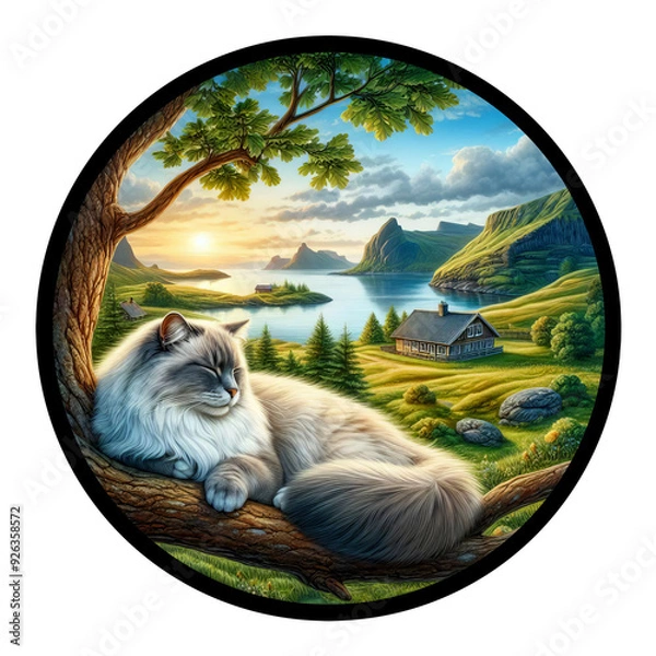 Fototapeta A circular 3D rendered watercolor painting of a Ragdoll cat, isolated on a transparent background