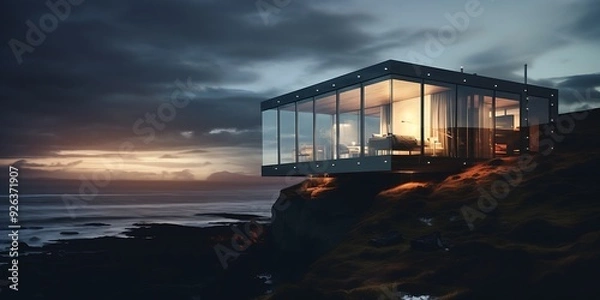 Fototapeta A house is built on a hill overlooking the ocean. The house is made of glass and has a modern design. The view from the house is breathtaking, with the ocean and mountains in the background