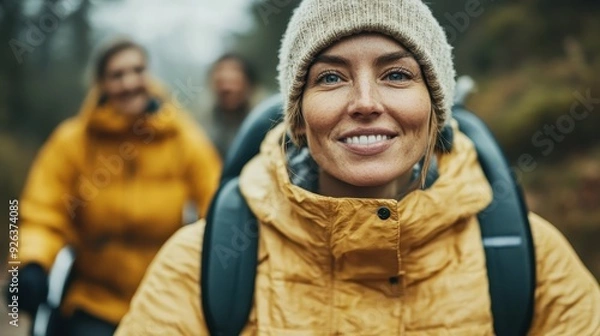 Fototapeta A smiling woman in a yellow jacket is out hiking with companions in a natural, misty scenic environment, capturing the essence of adventure, joy, and the love for the outdoors.